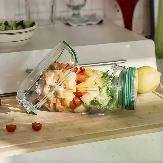Salad Jar,Jar Salad Container With Side Opening, Dressing Bowl, Sauce Compartments, Microwave-Safe, Freezer And Dishwasher